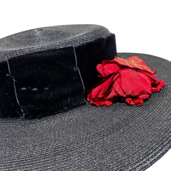 Vintage boater style ladies hat navy blue & faded red flower on velvet hatband